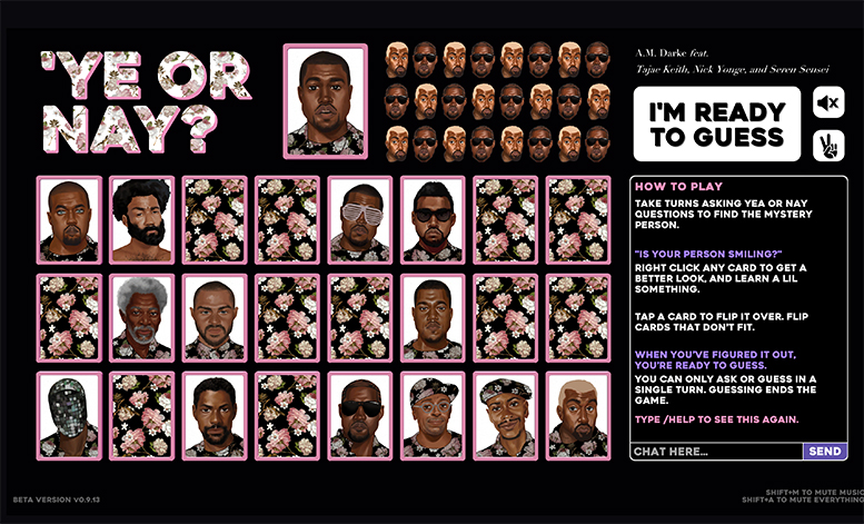Screenshot of ‘Ye or Nay? board with cards featuring various Kanye’s and other Black celebrities all wearing flowered shirts image