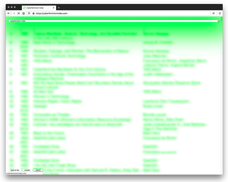 Screenshot of cyberfeminismindex.com with blurred green text and green gradient overlay image
