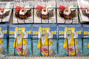 A picture of a magazine rack with satirical magazines titled Bag Appetit and Bags Illustrated