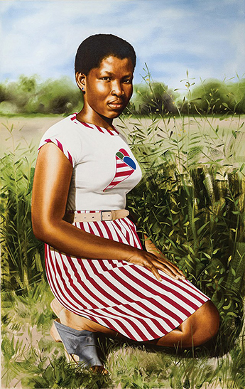 A painting of a woman with brown skin and short brown hair kneeling in a grassy field, wearing a red and white striped skirt and a white shirt with a beige belt, with her hands on her thighs, and looking directly at the viewer.