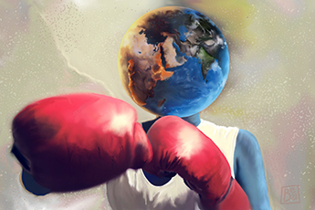 An illustration of a boxer wearing red boxing gloves in a punching position, but with the planet Earth for a head.