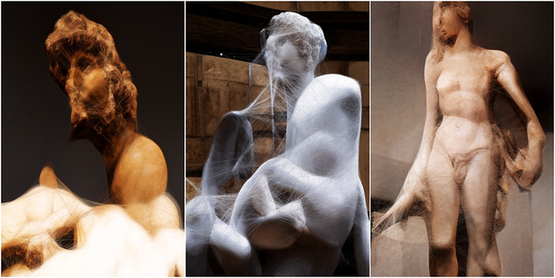 Three images that look like Renaissance sculptures. The warped figures are vaguely human-shaped but appear to be dissolving or deconstructed.