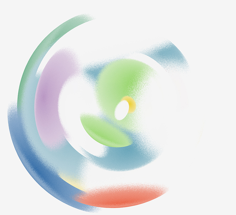A circular shape of pastel-colored swirls of color, with an airbrushed quality that suggests kinetic motion.