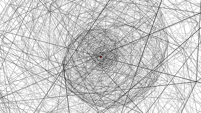 Straight black lines form a web against a white background, with a red dot in the center.