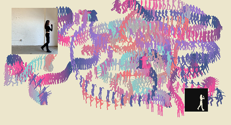 A painting that shows dozens of silhouetted figures in pink, purple, orange and teal shades in various dancing positions, against a beige background. Two inlaid squares show a single figure of a woman standing with one foot raises slightly behind her.
