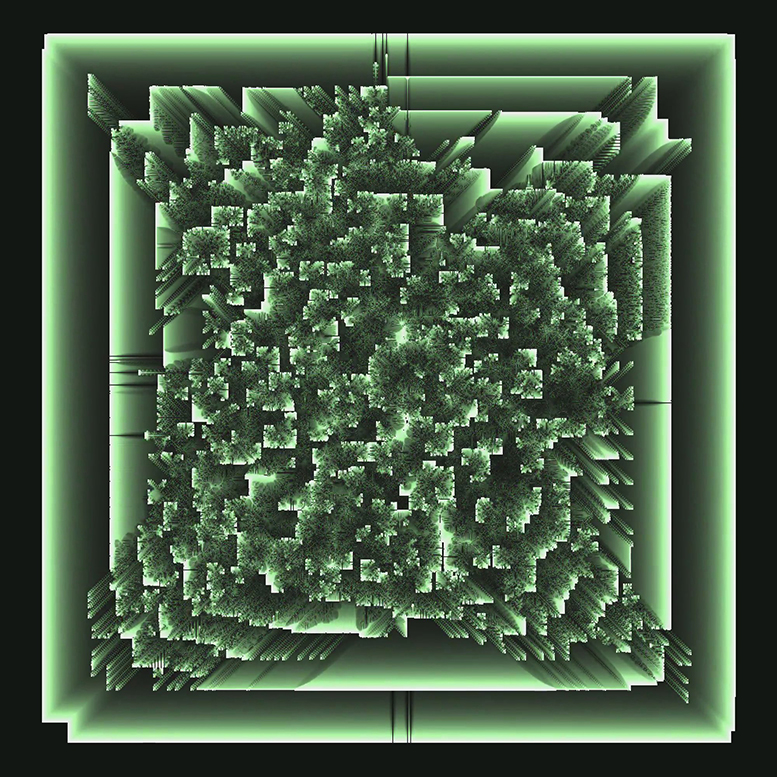 A swirling mass of green lichen-like organic-looking material seems to be growing out of a maze or labyrinth of concentric squares that are also green, against a black background.