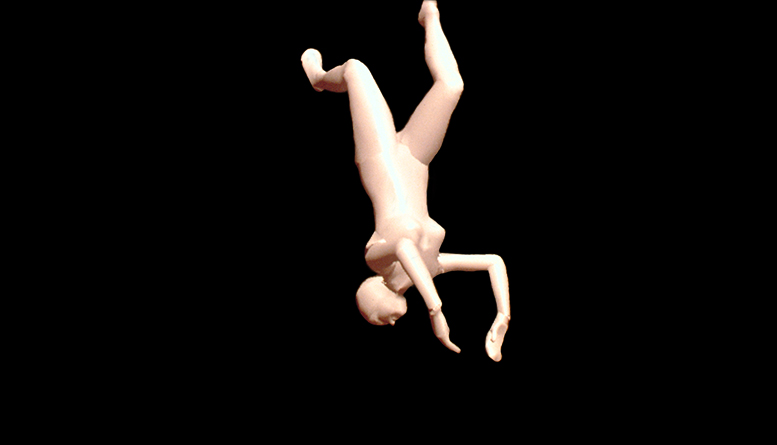 A pinkish figure that looks like a wooden drawing mannequin, suspended upside down in a black void.