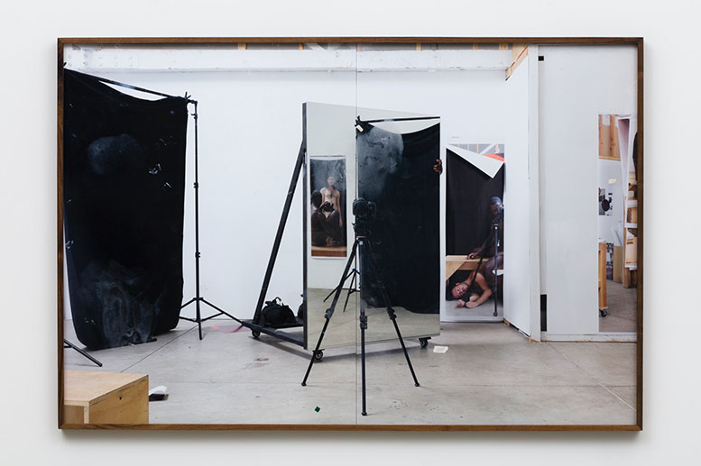 A photographic diptych of a camera on a tripod in a studio with mirrors