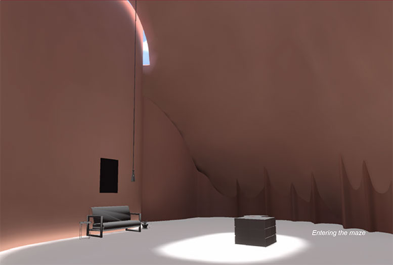 A computer rendering of a room with pink sloping walls and a sliver of sky.