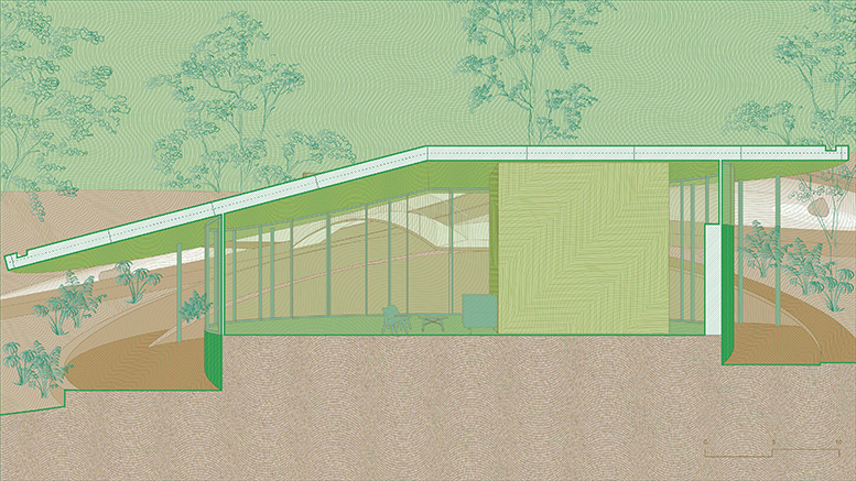 A brown and green rendering of a reading room.