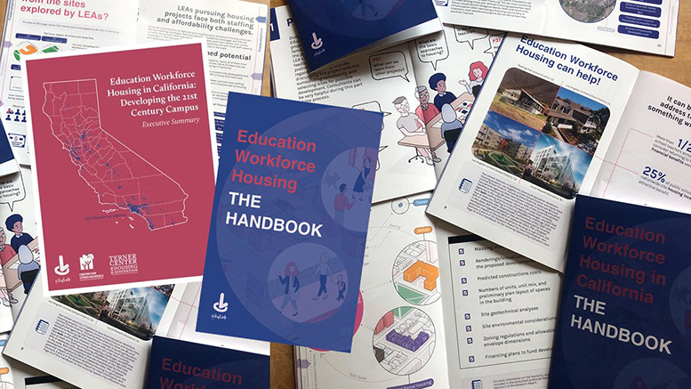 A photo of several Education Workforce Housing pamphlets and reports laid open on a table.