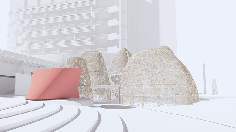 A rendering of a proposed AEDI Center, with five buildings and a latticed cladding.