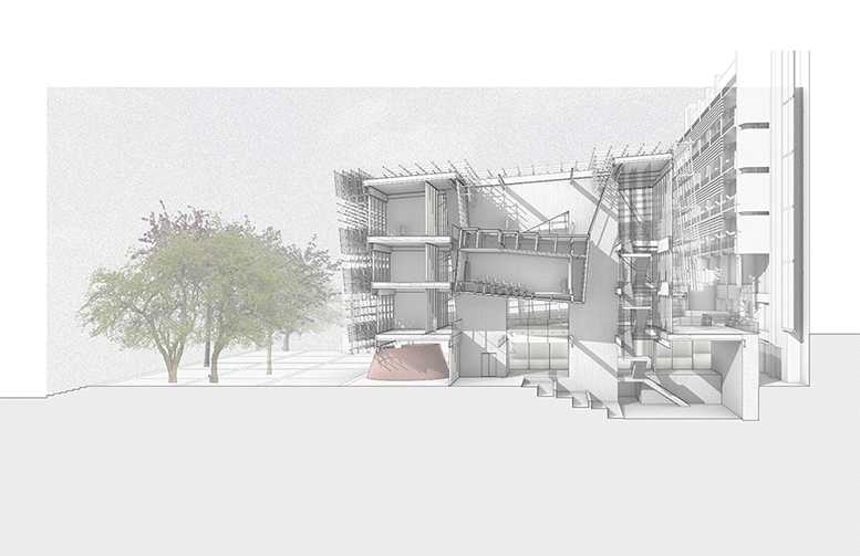 A rendering of a proposed AEDI Center, which hangs over the Richard Serra sculpture. There are four stories and the walls are tilted.