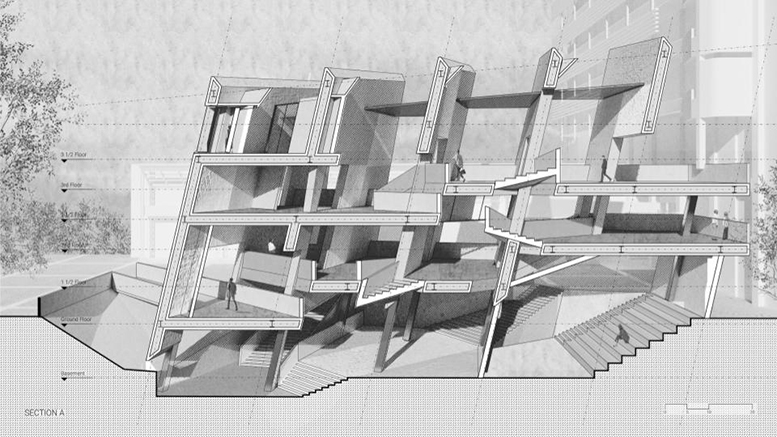 A rendering of a proposed AEDI Center, with tilted walls.
