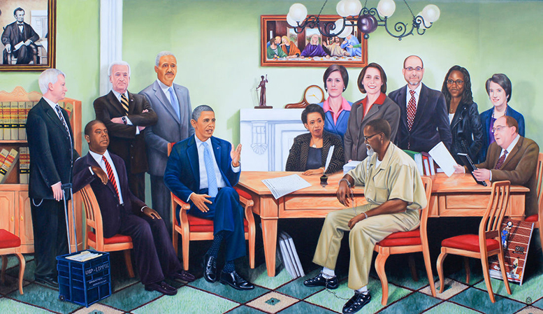 A painting in which Washington is in his khaki prison uniform, handcuffed, and seated at a long table, surrounded by federal officials. Seated at the head of the table is President Barack Obama, granting him clemency.