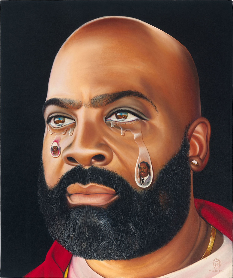 A painting of a bearded man crying, with faces painted within his tears