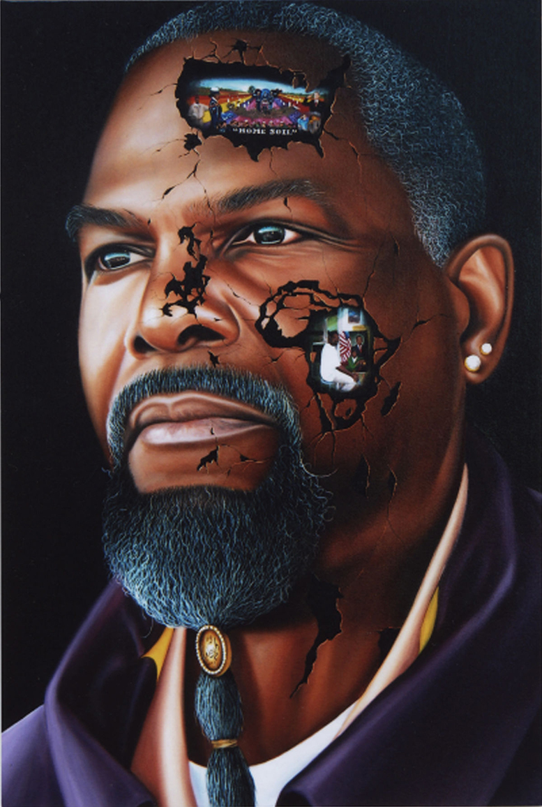 A self-portrait of Mr. Wash, with cracks painted into his face in the shape of the United States on his forehead and Africa on his right cheek, and scenes painted inside the cracks