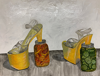 A painting by Kayla Tange in semi-realistic style; similar to traditional still life paintings. Pictured are two bright yellow platform high heels. The tall heels of the shoes are submerged in jars of pickled vegetables&mdash;one peppers, one cucumbers.