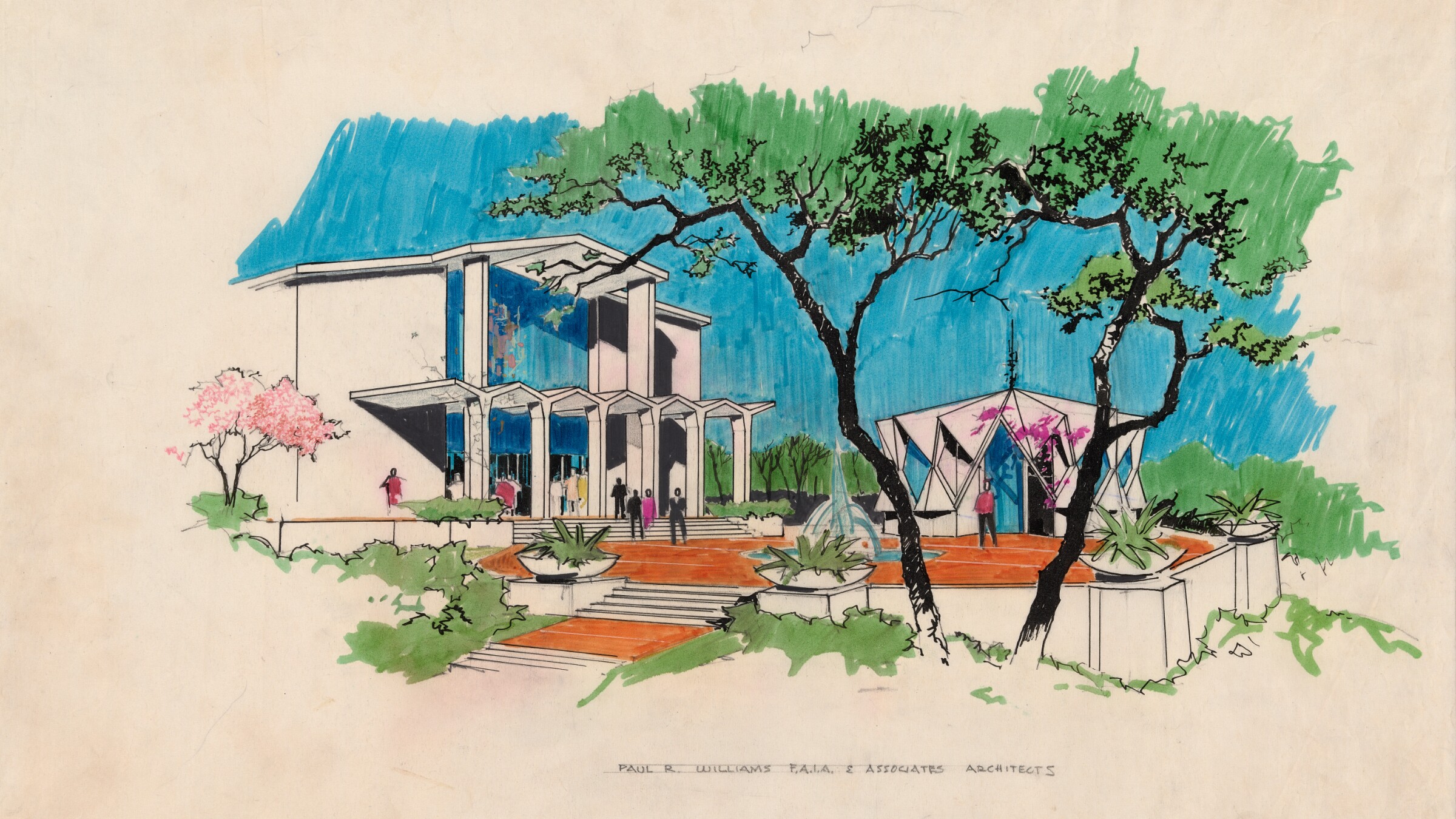 A vibrant architectural rendering by Paul R. Williams of a modern building and landscaped courtyard with trees, fountains, and people.