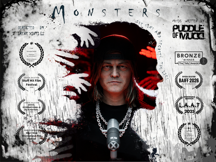 A person with long hair and chains stands at a microphone, surrounded by white hand silhouettes and film festival awards, promoting &ldquo;Monsters," a music video by Puddle of Mudd.