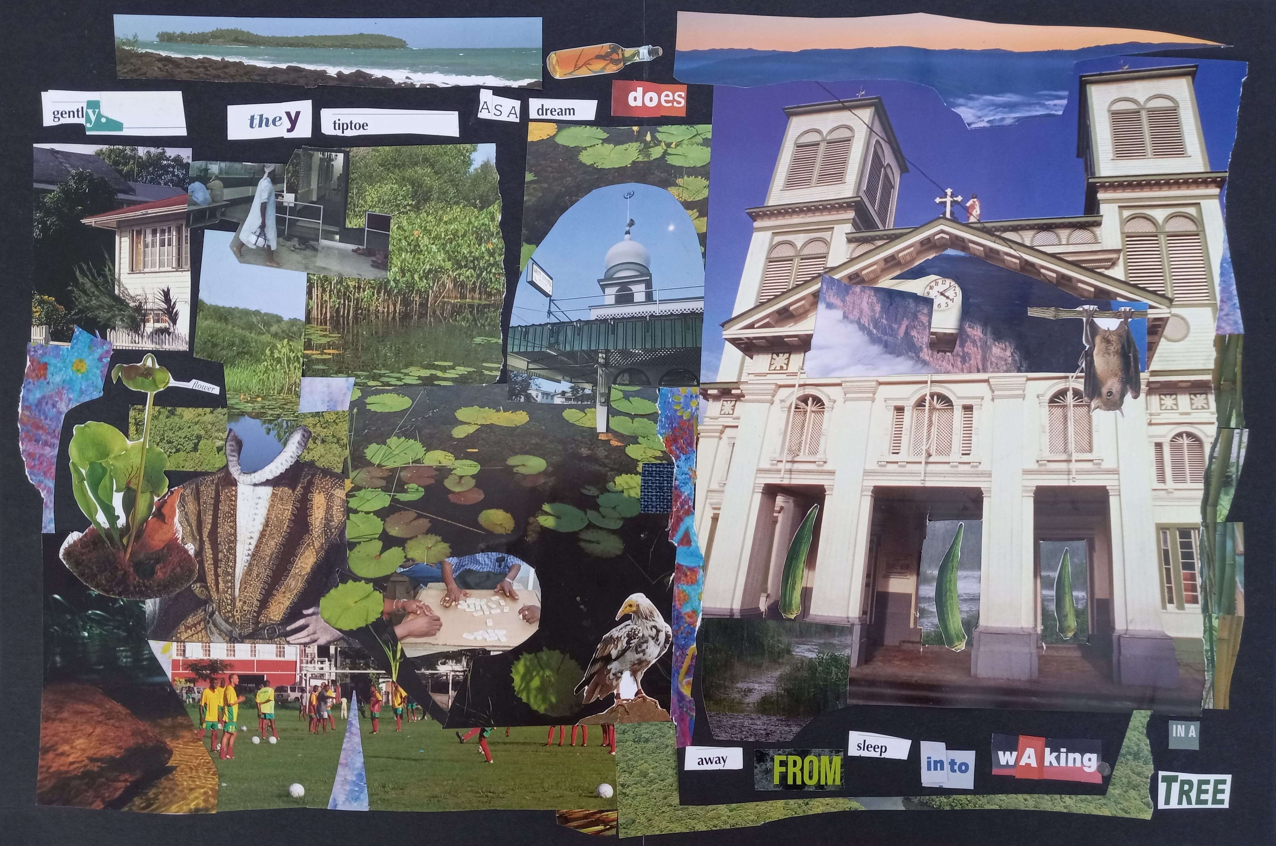 A photo collage featuring ponds, churches, and other structures alongside abstract poetry.