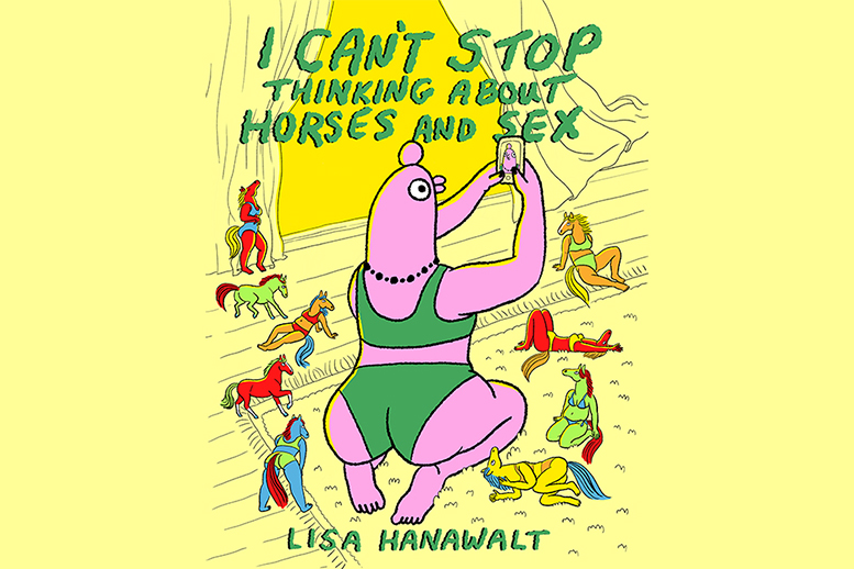 Illustrated book cover featuring a large pink cartoon character surrounded by colorful horse-like figures in a whimsical, hand-drawn scene, with stylized text at the top and an author name at the bottom.