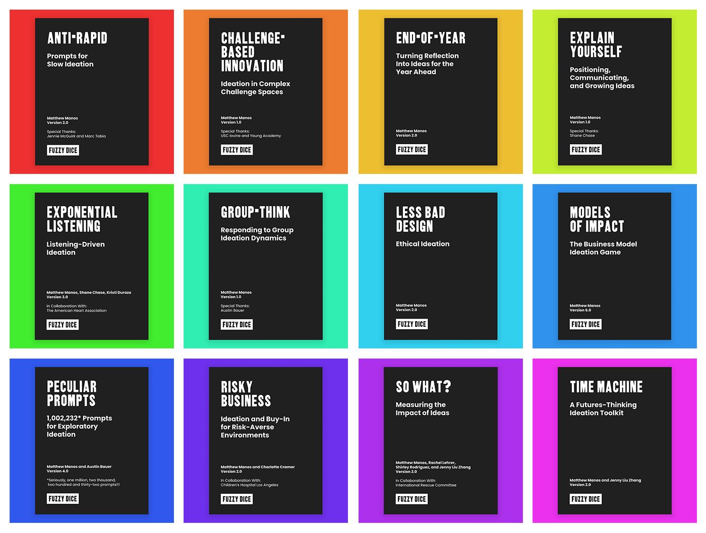 Grid of twelve colorful book covers with bold typography, showcasing innovation and ideation toolkits on brightly colored backgrounds.