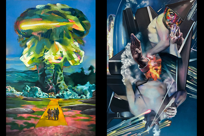 Two paintings: on the left, the four protagonists from the "Wizard of Oz" walking on the yellow brick road toward a green mushroom cloud. On the right, an abstract representation of the Tin Man.