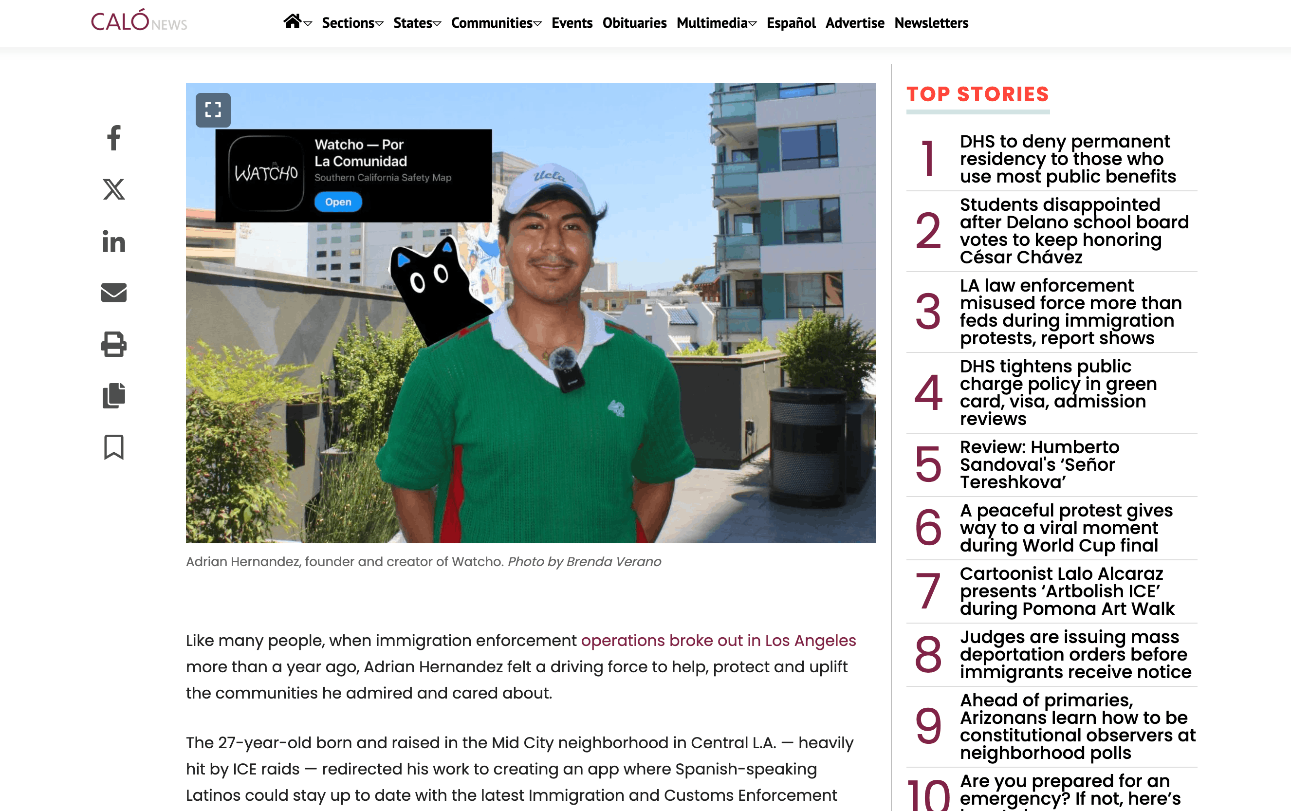 A screenshot of a "Calo News" article about Adrian Hernandez's app Watcho. 