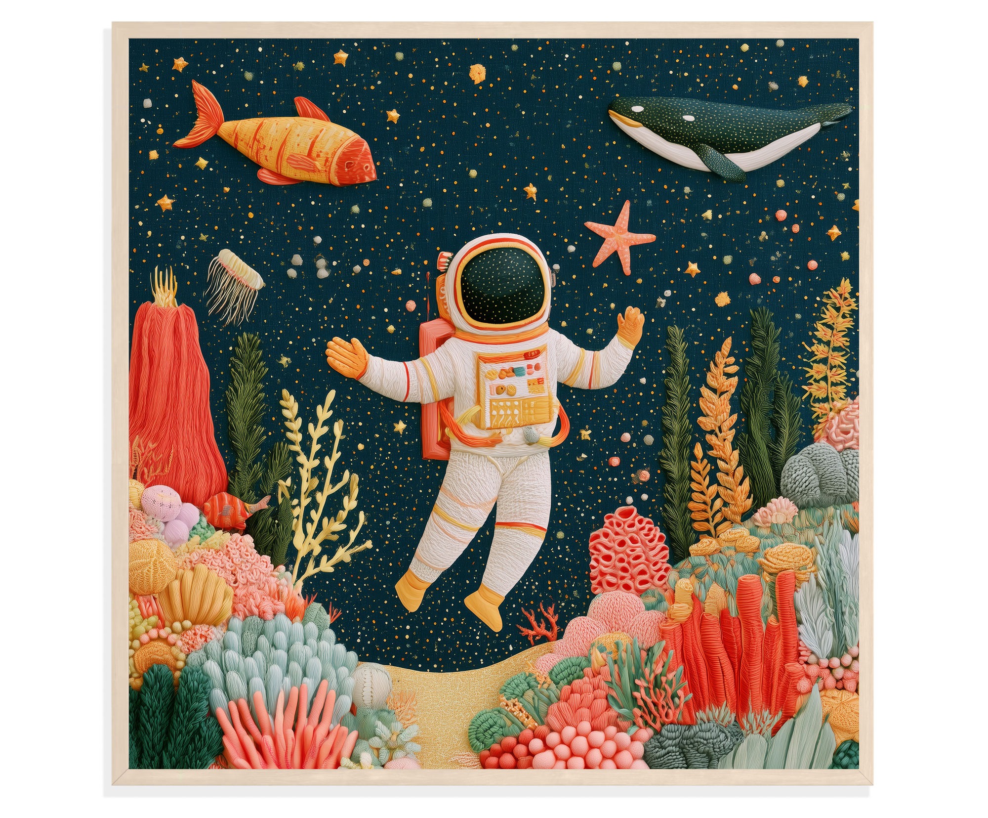 Framed textile artwork depicting an astronaut floating among sea life and colorful coral, blending an underwater scene with a star-filled outer space background.