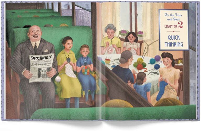 Illustrated open book showing passengers knitting and reading on a train, with the chapter title &ldquo;Quick Thinking&rdquo; displayed on the right page.